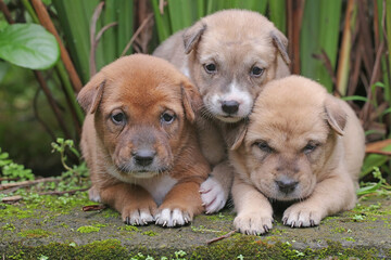 Three puppies playing together. This mammal which is commonly used as a pet by humans has the scientific name Canis lupus familiaris.