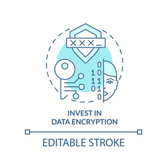 Invest in data encryption turquoise concept icon. Manage customer digital identity abstract idea thin line illustration. Isolated outline drawing. Editable stroke. Arial, Myriad Pro-Bold fonts used