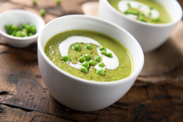 Homemade green pea soup with cream