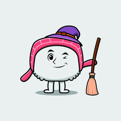 Cute cartoon witch shaped chinese cabbage character with hat and broomstick