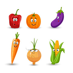Cartoon vegetable characters collection. Cute cabbage, cucumber, carrot, broccoli, tomato, pepper for kids Vector food illustration