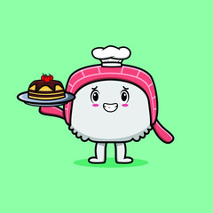 Cute Cartoon chef chinese cabbage character serving cake on tray cute style design in 3d cartoon style concept