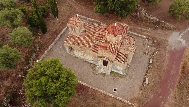 Aerial view of St. Samarina church in Messinia region at dusk