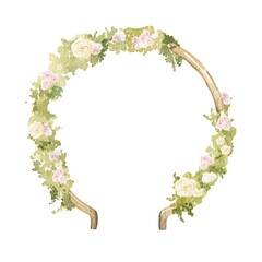 Round-shaped watercolor arch with white and pink flowers. The perfect illustration for wedding invitations and design.