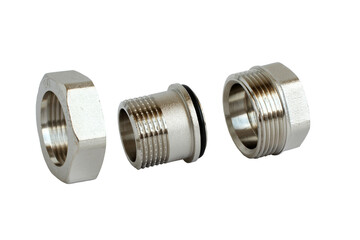 Valves for plumbing isolated on white background. Material - nickel plated brass. Closeup