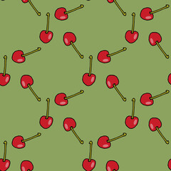 Seamless pattern with sweet cherry on green background. Vector image.