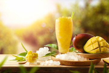 Mango slush on a table in field with pineapple crops