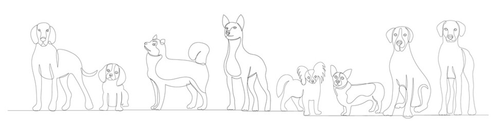 dogs drawing in one continuous line, sketch, isolated, vector