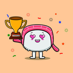 Cute Cartoon character illustration of chinese cabbage is holding up the golden trophy with happy gesture, cute modern style design