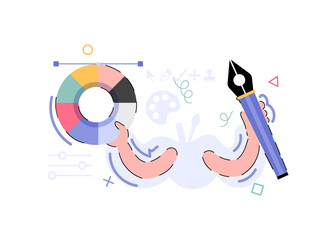 Hands with a palette of paints and a brush. Art concept. Flat style.