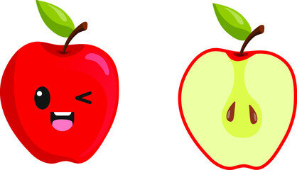 Kawaii cute fruit characters yellow apple and half red apple. Smiling character in cartoon style. Funny sticker. Vector illustration, flat style