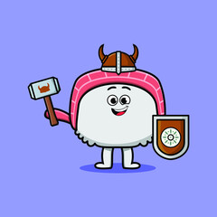 Cute cartoon character Chinese cabbage viking pirate with hat and holding hammer and shield 