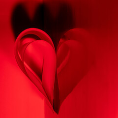 Designer abstract heart made of red paper with reflection on a glossy surface and contrasting...