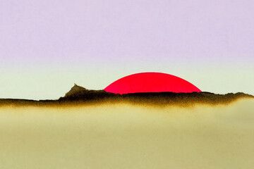 Abstract landscape made of paper. Sunset of the red sun in the mountains.