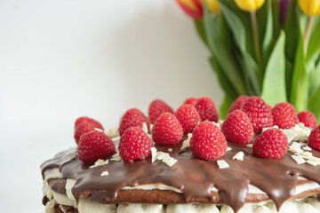 Chocolate cake with raspberries, beautiful background, recipes, dessert