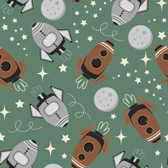 Space seamless pattern with rocket, star and planet. Cartoon childish background. Space seamless pattern. Cute spaceships on a green background. Space ship pattern for kids fabric, textile, wallpaper.