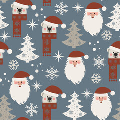 Christmas seamless pattern with Santa Claus and cute bear. Children's winter background with Santa, Christmas trees and a bear. Christmas childish pattern. Cute pattern for kids fabric, textile.