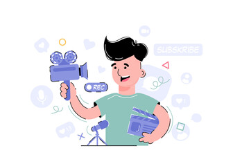 The boy holds a video camera and clapperboard in his hands. Element for the design of presentations, applications and websites. Trend illustration.