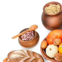 rice, beans, nuts, vegetables and bread isolated on white background. Place for your text.