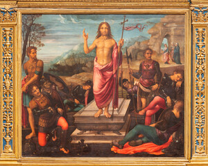 VALENCIA, SPAIN - FEBRUAR 14, 2022: The painting Resurrection of Jesus on the main altar  in the...