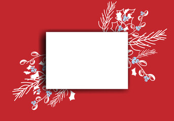 Vector. Merry Christmas and Happy New Year floral background, copy space for your text. Rustic horizontal template for Christmas cards, wedding invitations, party invitation. Hand-drawn sketch.