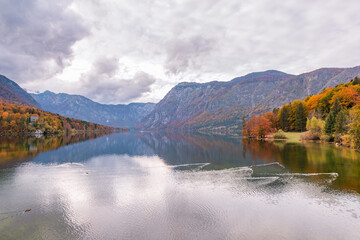 Obraz premium Autumn landscape at lake Bohinj in mountain range of Julian Alps