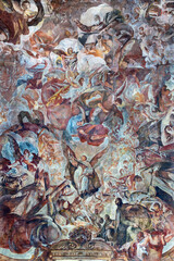 VALENCIA, SPAIN - FEBRUAR 14, 2022: The detail of ceiling fresco Glory of Holy Trinity in the...