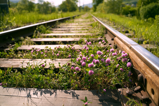 Pink violet blooming clover aka trifolium pratense growing between rails on railway in the fields