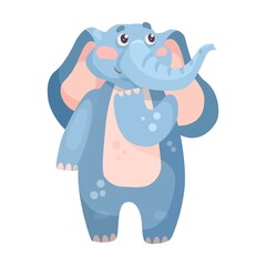 Elephant stands in thought cartoon illustration. Cute baby elephant with long trunk performing. Animal, circus concept