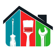 Repair service and house construction symbol. Brush screwdriver and wrench. House and construction tool