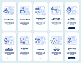 Professional programmer skills light blue onboarding mobile app screen set. Walkthrough 5 steps graphic instructions with linear concepts. UI, UX, GUI template. Myriad Pro-Bold, Regular fonts used