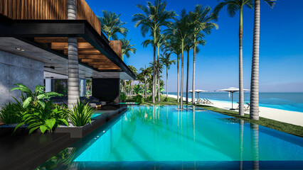 3d rendering of modern cozy house with parking and pool for sale or rent with wood plank facade by the sea or ocean. Sunny day by the azure coast with palm trees and flowers in tropical island