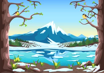 Papier Peint photo Lavable Cappuccino Paysage de printemps avec rivière, montagnes, forêt, champs, neige fondante et crocus. Belle illustration de fond de printemps. Vecteur