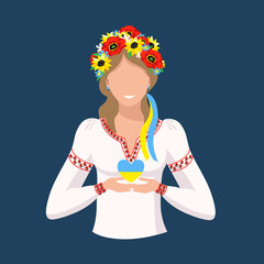 Friendly Ukrainian girl in national clothes with a heart painted in the colors of the Ukrainian flag. Support and Pray for Ukraine.