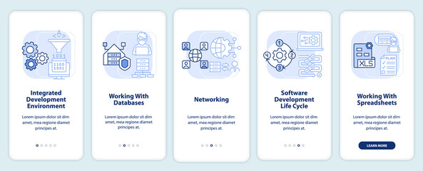 Program building skills light blue onboarding mobile app screen. Walkthrough 5 steps graphic instructions pages with linear concepts. UI, UX, GUI template. Myriad Pro-Bold, Regular fonts used