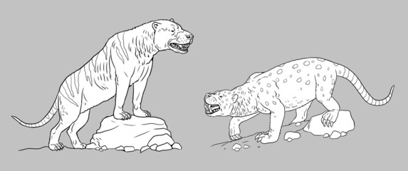 Fototapeta premium Prehistoric predators - megistotherium and sarkastodon. Drawing with extinct animals. Silhouette drawing for coloring book.