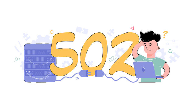 502 system error. The man is upset because of an internal server error. Flat design concept illustration.