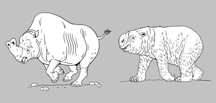 Prehistoric animals - diprotodon and embolotherium. Drawing with extinct animals. Template for coloring book.	