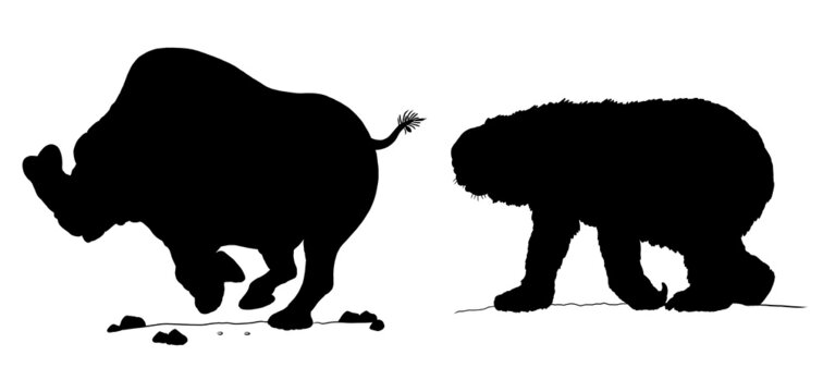 Prehistoric animals - diprotodon and embolotherium. Silhouette drawing with extinct animals. Black white drawing.