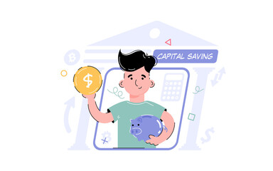 Theme of capital, savings. The boy is holding a piggy bank and a coin. Element for the design of presentations, applications and websites. Trend illustration.