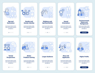 Diversity and inclusion light blue onboarding mobile app screen set. Walkthrough 5 steps editable graphic instructions with linear concepts. UI, UX, GUI template. Myriad Pro-Bold, Regular fonts used
