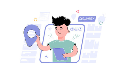 Fototapeta na wymiar Online delivery theme. The boy holds in his hands navigation, location label. Element for the design of presentations, applications and websites. Trend illustration.