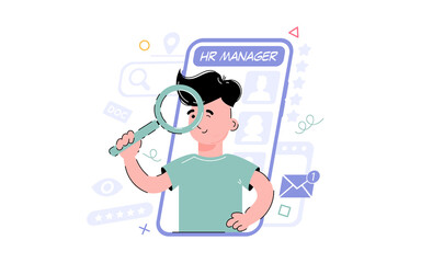 Topic recruiter, HR manager. The boy is searching, holding a magnifying glass in his hands. Element for the design of presentations, applications and websites. Trend illustration.