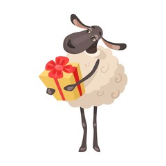 Sheep with a gift in hand cartoon illustration. Fluffy lamb in skates or sneakers with candy. Sleepy animal in nightcap with pillow. Farm animal concept