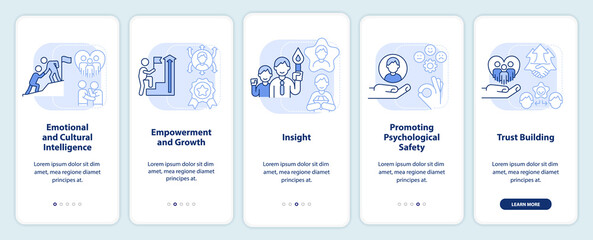 Fototapeta na wymiar Traits of inclusive leaders light blue onboarding mobile app screen. Walkthrough 5 steps editable graphic instructions with linear concepts. UI, UX, GUI template. Myriad Pro-Bold, Regular fonts used