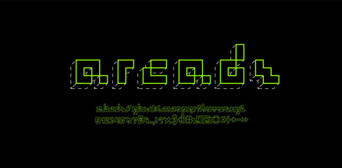 Pixel font, green alphabet made in line 3d style