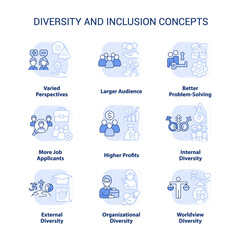 Diversity and inclusion light blue concept icons set. Varied perspectives idea thin line color illustrations. Isolated symbols. Editable stroke. Roboto-Medium, Myriad Pro-Bold fonts used