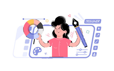Design theme. The girl is holding a palette with paints and a brush. Element for the design of presentations, applications and websites. trend illustration.