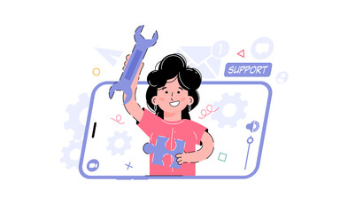 Support theme. The girl is holding a hand key. Element for the design of presentations, applications and websites. trend illustration.