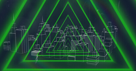 Image of red neon geometrical shapes over 3d city model